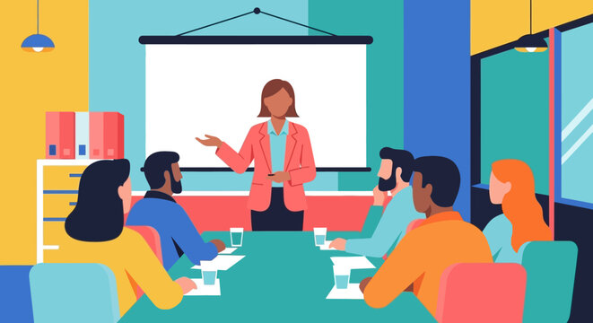 Woman presenting to diverse group in modern office setting with projector screen