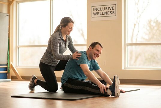 Instructor helping a man with a disability stretch in an inclusive gym.