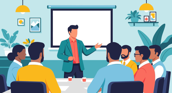 Man presenting to colleagues in a meeting room with a projector screen indoors