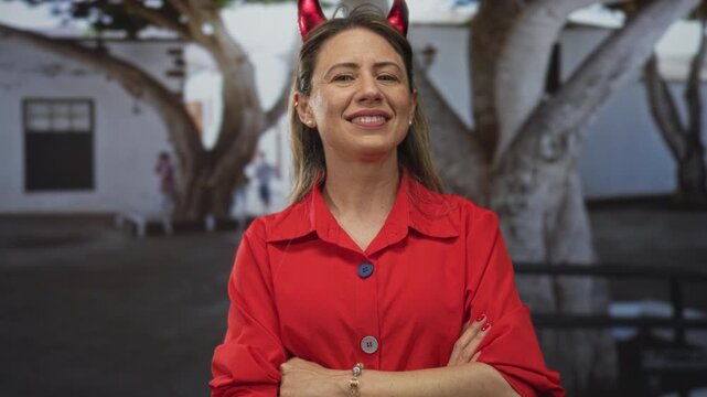 Woman with blonde hair stands with arms crossed on street wearing red devil horns headband beside white tree trunks under soft light; confidence.