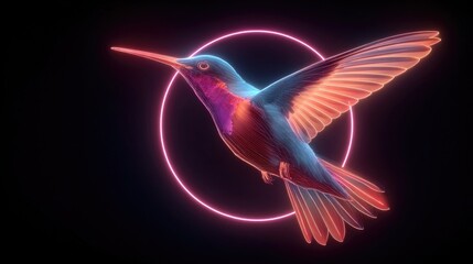 Obraz premium Neon bird flying through neon rings glowing with vibrant electric outlines, futuristic digital wildlife design with glowing motion effects
