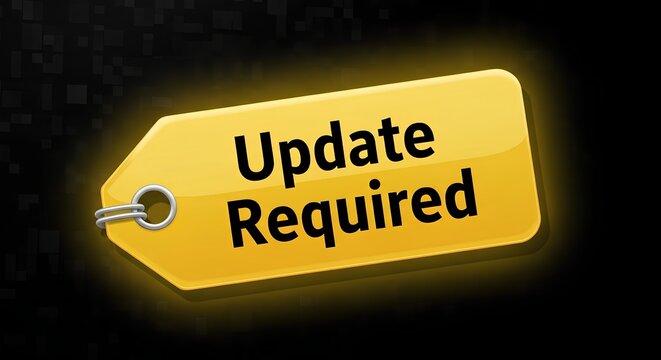 A yellow update required tag on a black background with a glow effect, indicating a notification or alert for an update.