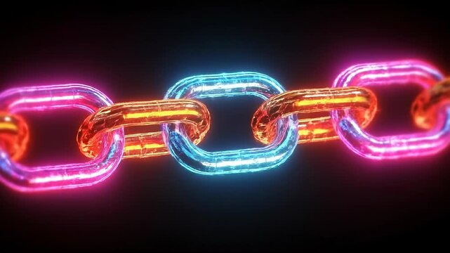 Neon chain glowing link colorful loop abstract connection cyber background luminous design bright technology digital network futuristic art light pattern vivid glow metal texture light chain art