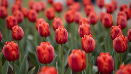 Fototapeta premium Field of vibrant red tulips blooming under the soft light of a spring day