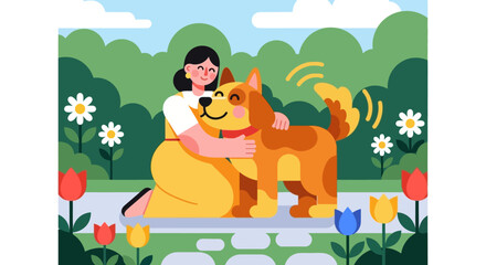 Naklejka premium Woman hugging dog in garden surrounded by flowers and trees on a sunny day