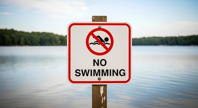 No Swimming Sign by Calm Lake Water