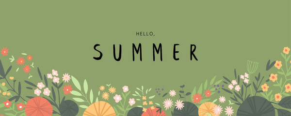 Summer green forest background with wild flowers, plants and leaves. Natural Hand Drawn Vector Illustration with Space for Text.