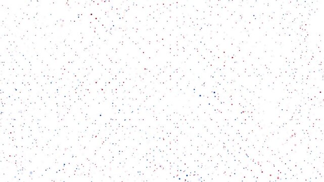Tiny red and blue particles bounce off a white background, flying toward the camera and back, creating a dynamic abstract depth and motion effect. Seamless looping. Isolated on white.