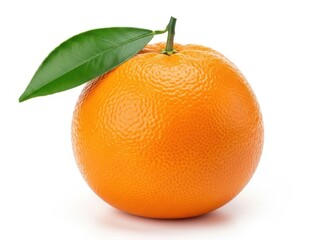 A vibrant orange with a green leaf on a white background