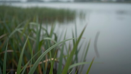 Obraz premium Close up of green reeds growing near the foggy lake with muted colors
