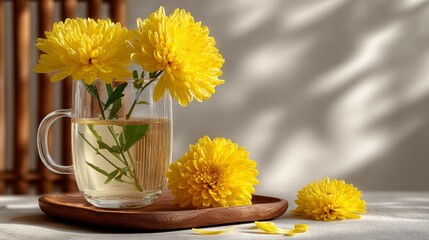 Fototapeta premium Transparent glass cup filled with yellow liquid and yellow chrysanthemums, placed on a wooden coaster with scattered petals, against a softly lit background