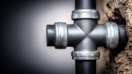 Plumbing pipes intersecting at a junction with visible fittings and surrounding earth, captured in sharp detail with professional lighting for clarity and realism