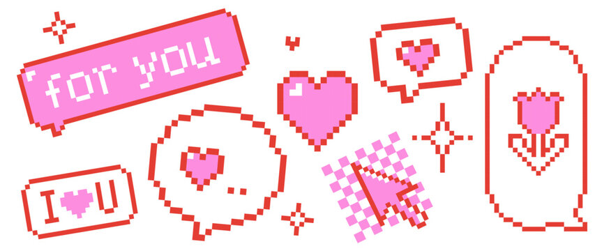 Bright bold pink Y2K pixel sticker set. Retro game 8-bit hearts, love speech bubbles, cursor icons. Cute emoji, playful tech vector elements for social media posts, Gen Z, digital love messages