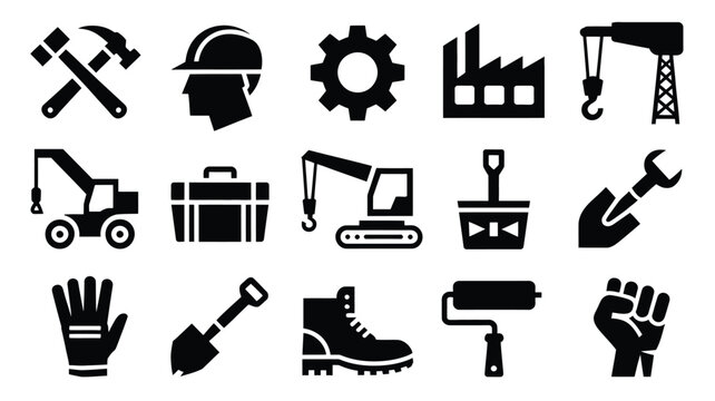 Industrial labor day silhouette icons set construction tools machinery and workers' symbols in black on white background for celebrating labor day