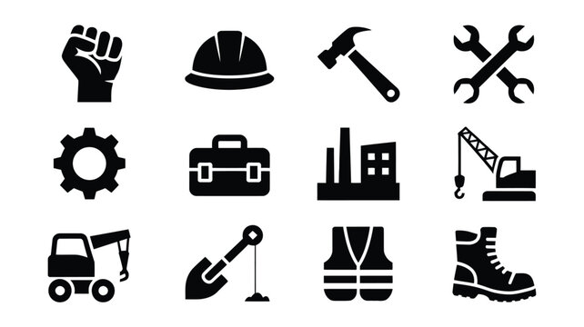 Labor day worker solidarity icons set black silhouette symbols for industry construction and labor rights on white background representing unity and workers' struggle