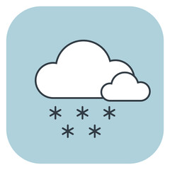 Weather icon with two white clouds and falling snowflakes on blue background. Hand drawn vector illustration