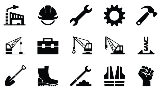 Labor day silhouette logo pack featuring 12 construction icons including hard hats tools and industrial symbols on white background