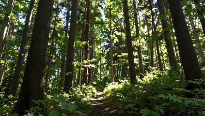 Fototapeta premium Pathway winding through a dense forest filled with tall trees and lush green plants in the sunshine
