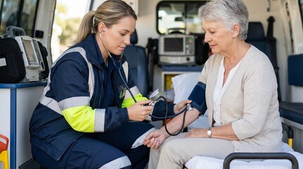Obraz premium Female paramedic checking blood pressure of elderly woman in ambulance 