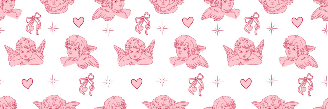 Coquette pattern with Aesthetic Hand-Drawn Vector Elements. Bows, Hearts, and Vintage Frames. For Valentine's Day, romantic designs, postcards, greeting cards, wedding invitations, and banner.