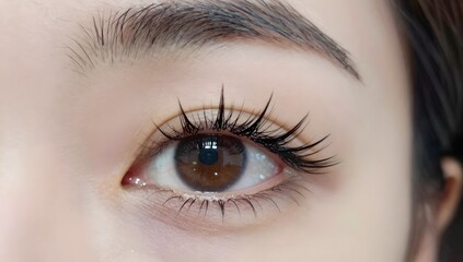 Naklejka premium Close up of a brown eye with long dark eyelashes and a defined eyebrow