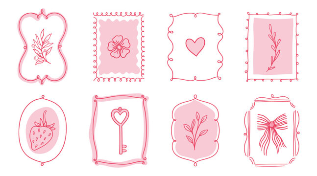 Coquette ribbon frame set with a bow. Hand-drawn vintage. For party invitation, and social media template decoration, and greetings in retro style. Vector minimalist border, doodle line art, banner.