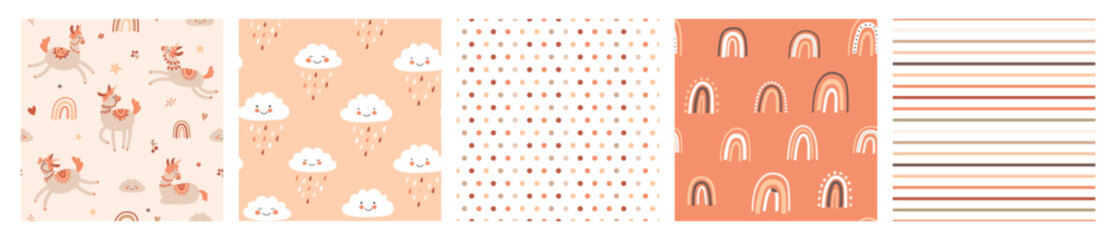 Cute llama pattern with Rainbow, Clouds, Birds, Cartoon Characters. Vector seamless pattern. Great for children's clothing and school supplies. © monamonash