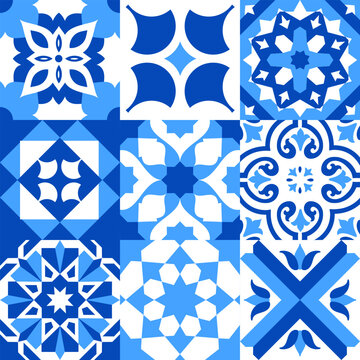 Seamless pattern with portuguese tiles. Vector illustration of Azulejo on white background. Mediterranean style. Multicolor design.