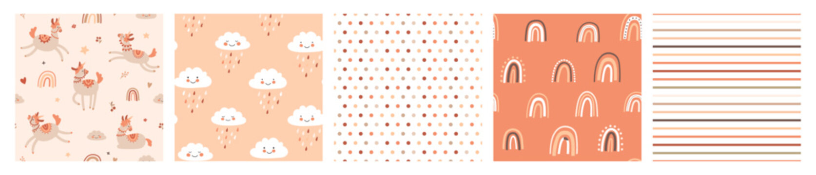 Cute llama pattern with Rainbow, Clouds, Birds, Cartoon Characters. Vector seamless pattern. Great for children's clothing and school supplies.