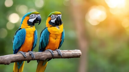 Obraz premium Colorful parrots perched on a branch as sunlight filters through the forest