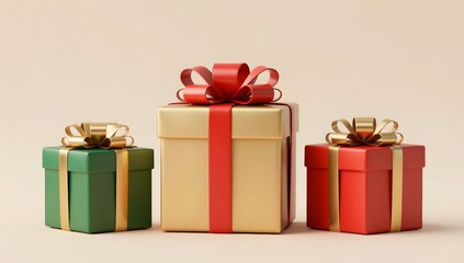 Obraz premium Three wrapped gift boxes with ribbon and bow sit on a beige surface, ready for gifting