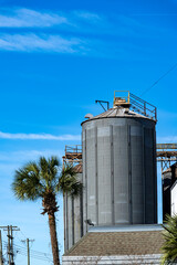 A steel silo in an animal food factory