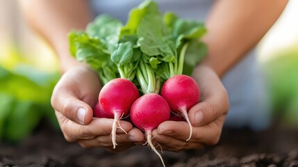 Harvesting fresh radishes in a vibrant garden on a sunny day