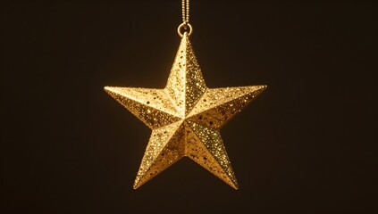 Fototapeta premium Ornate gold star hanging from a chain against a dark background for holiday decorations