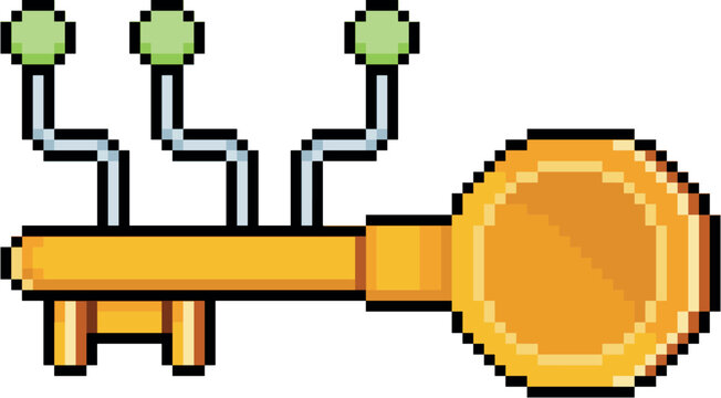 Pixel art of a digital security key with circuit board nodes, illustration with a concept of cybersecurity and data access isolated on a white 8-bit style background