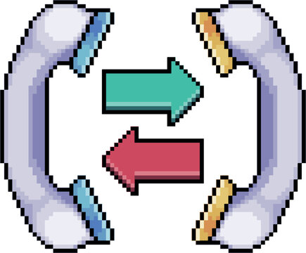 Pixel art illustration of two telephone handsets with incoming and outgoing arrows, 8-bit retro style communication concept isolated on white
