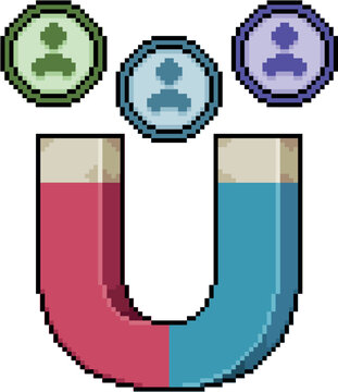 Pixel art illustration of a horseshoe magnet attracting people profile icons, 8-bit retro gaming style isolated on white