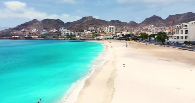 Aerial view of Laginha beach in Mindelo city in Sao Vicente Island in Cape Verde