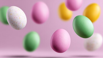 Colorful Easter eggs in pastel shades of pink, green, yellow, and white floating against a soft pink gradient background with ample copy space for text or graphics