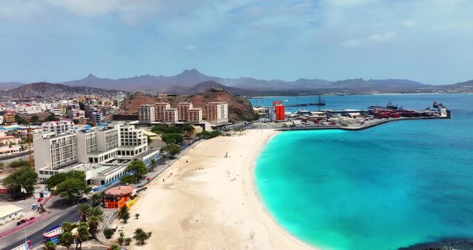 Aerial view of Laginha beach in Mindelo city in Sao Vicente Island in Cape Verde
