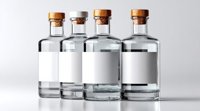 Four modern gin bottles with empty white labels, varying shapes and sizes, featuring natural cork stoppers, arranged side by side on a bright white background in a professional photo setup