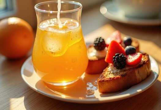 Crisp Orange Juice Radiating Brightness Duo Berry Toast Morning Breakfast Spread