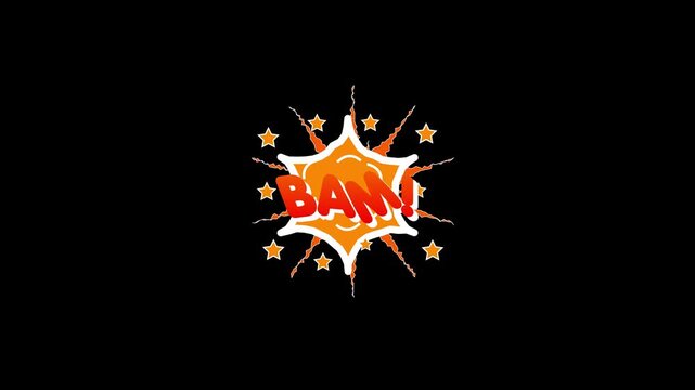Retro Comic Book Pop Art Burst with BAM Text, Colorful Speech Bubble Explosion, Dotted Halftone Pattern, Lightning Zap Effect, black Screen Chroma Key 4K Animation