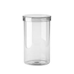 A tall, clear glass jar with a silver lid on a white background isolated on transparent background