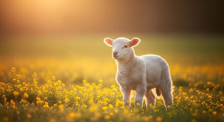 Obraz premium A lamb stands alone in a vibrant field of yellow flowers at sunrise from a front viewpoint