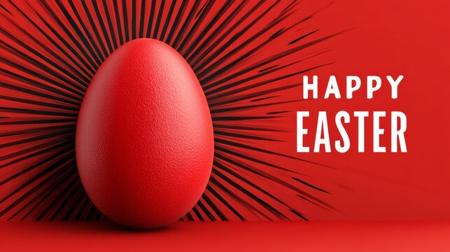 Bold red Easter egg with dynamic rays and text "Happy Easter" on a vibrant red background, modern design style emphasizing festive elements and commercial appeal
