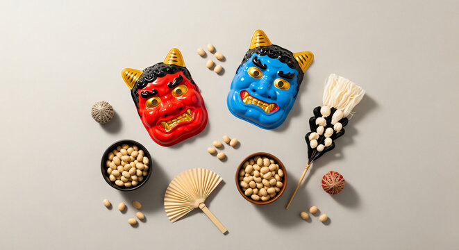 Minimal Japanese Setsubun flat lay featuring red and blue oni masks, fukumame beans, and hiiragi iwashi on an aesthetic pastel background.
