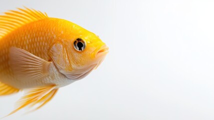 Bright yellow aquarium fish gliding gracefully against a pure white backdrop
