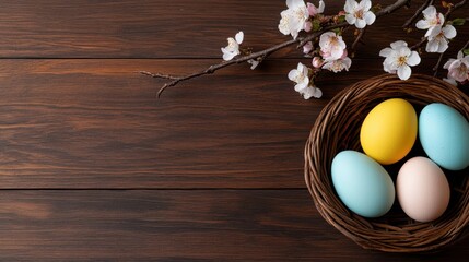 Spring celebration with colorful eggs and cherry blossoms in a wicker basket