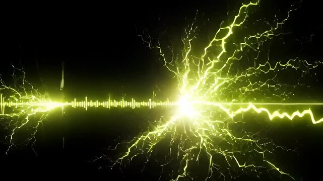 Yellow neon audio sound wave with electric lightning strikes on black background, futuristic music visualizer and digital frequency concept animation